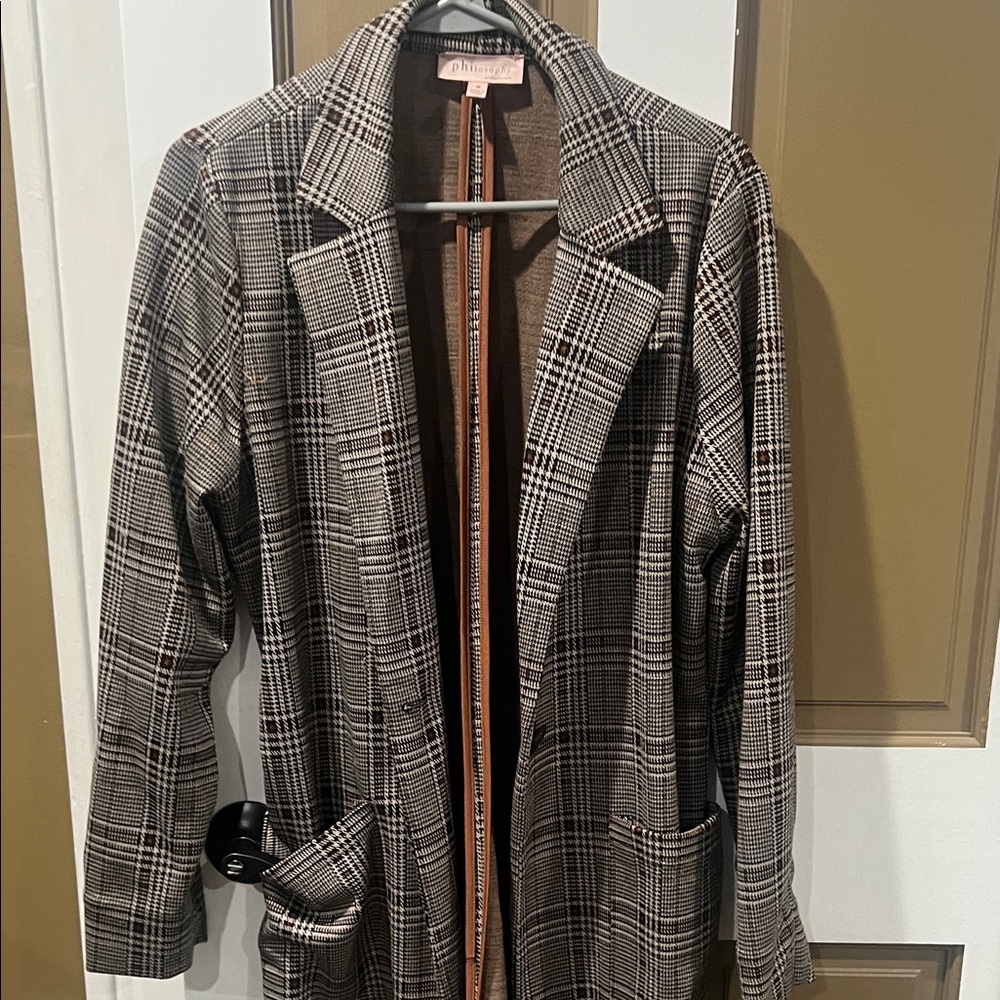 Philosophy Brown Black Plaid Long Blazer Jacket - Picture 5 of 7